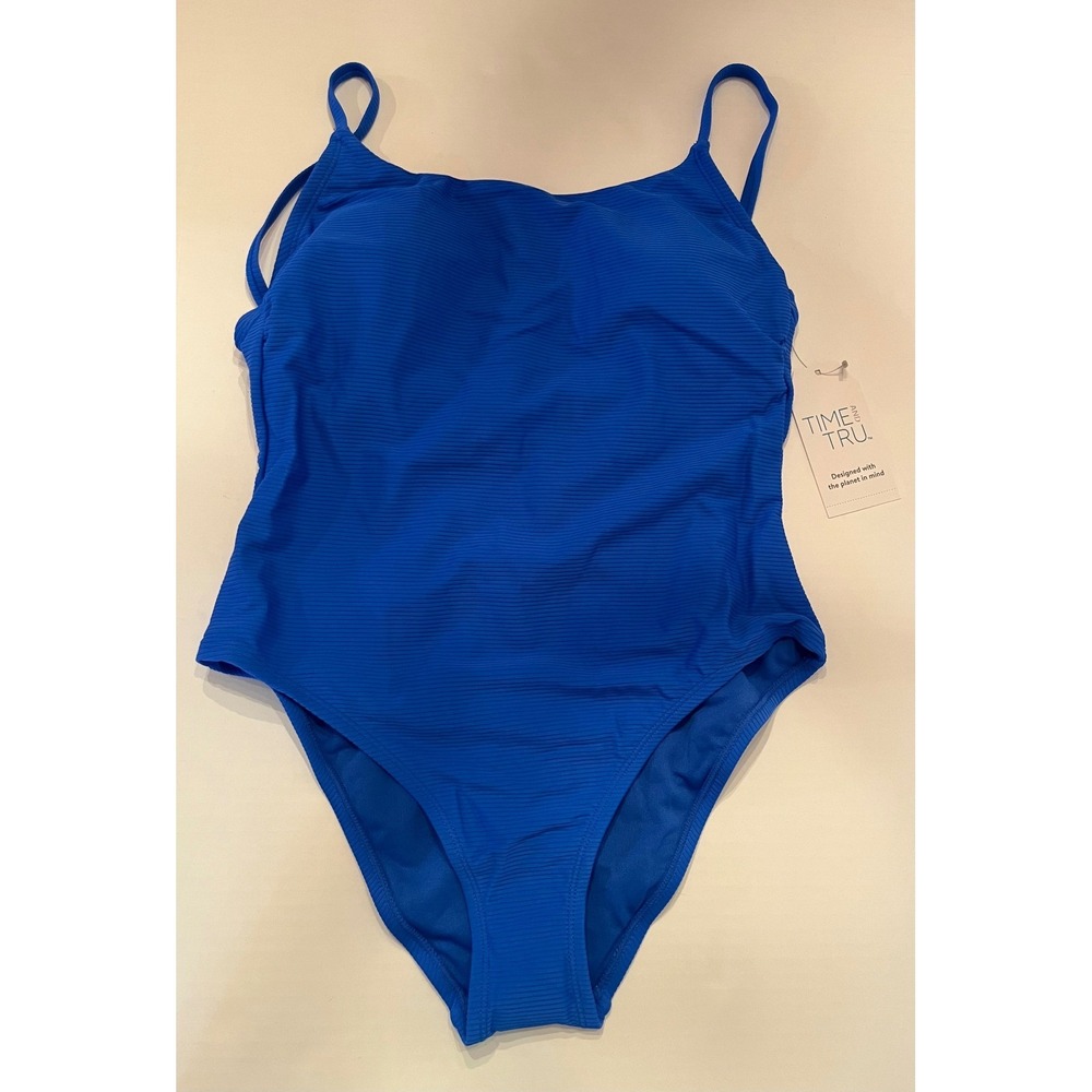 Time and Tru Womens Cobalt Blue Ribbed One Piece Swimsuit Tie Back Medium 8-10